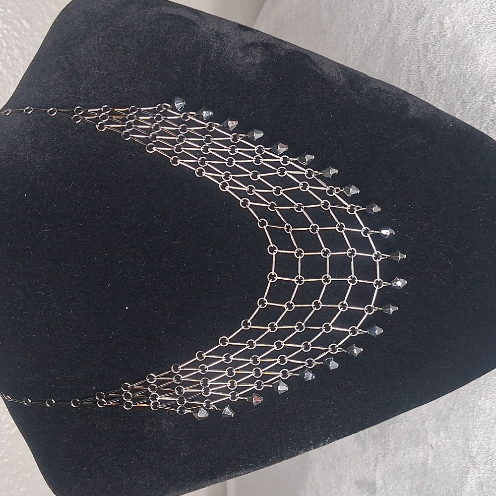 Egyptian Style Bib Necklace Gray Tone Beaded